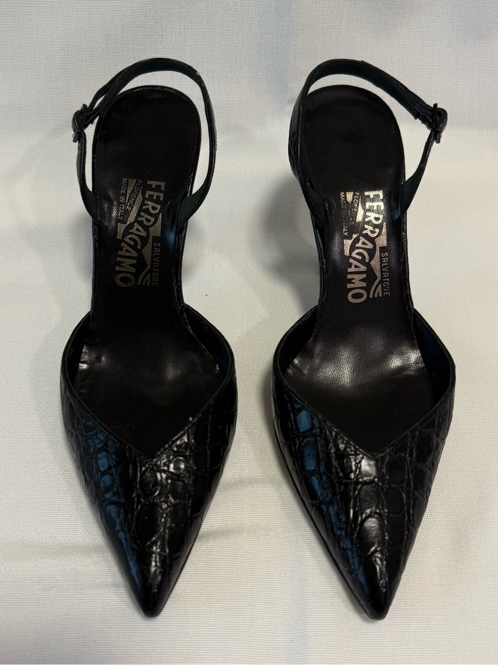 Salvatore Ferragamo Black Croc-Embossed Pointed Slingback Heels